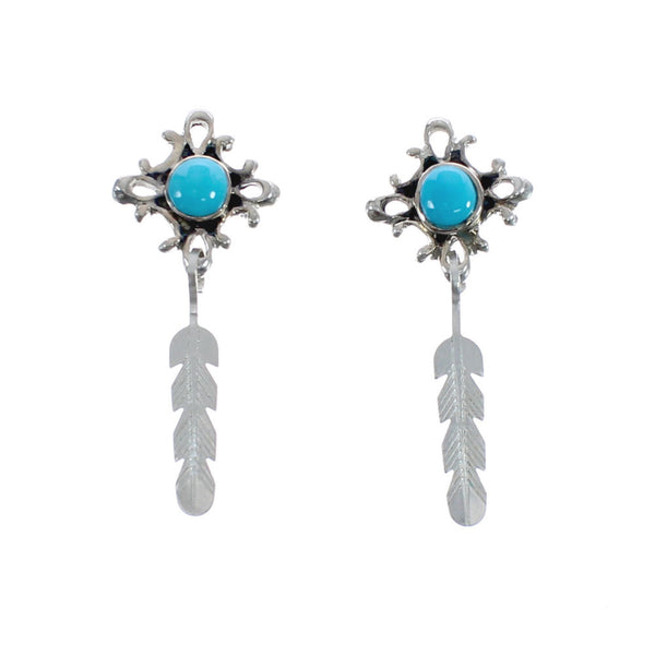 Navajo Turquoise Sterling Silver Feather Post Dangle Earrings JX125551